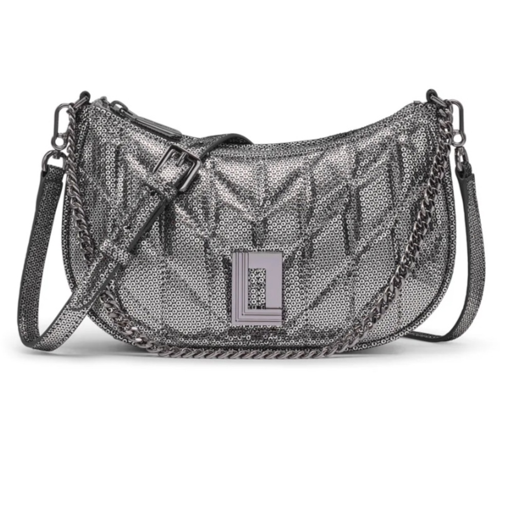 NWOT‎ Karl Lagerfeld Lafayette Shoulder Bag Sequins Goat Leather Silver Grey